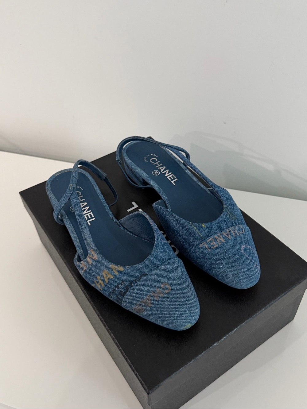 Chanel Denim Slingback Flats with Multicolor Logo Embroidery - Picture 2 of 5